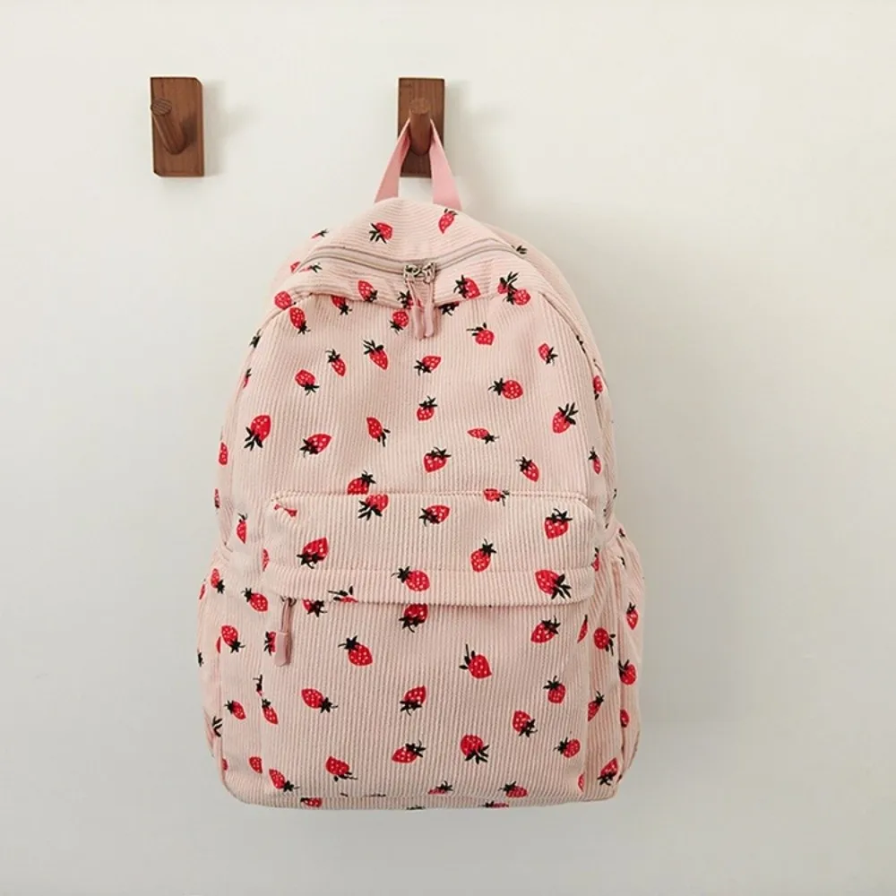 Strawberry Corduroy Backpack Solid Color Lightweight Students School Bag Japanese Style Large Capacity Students Daypack Travel