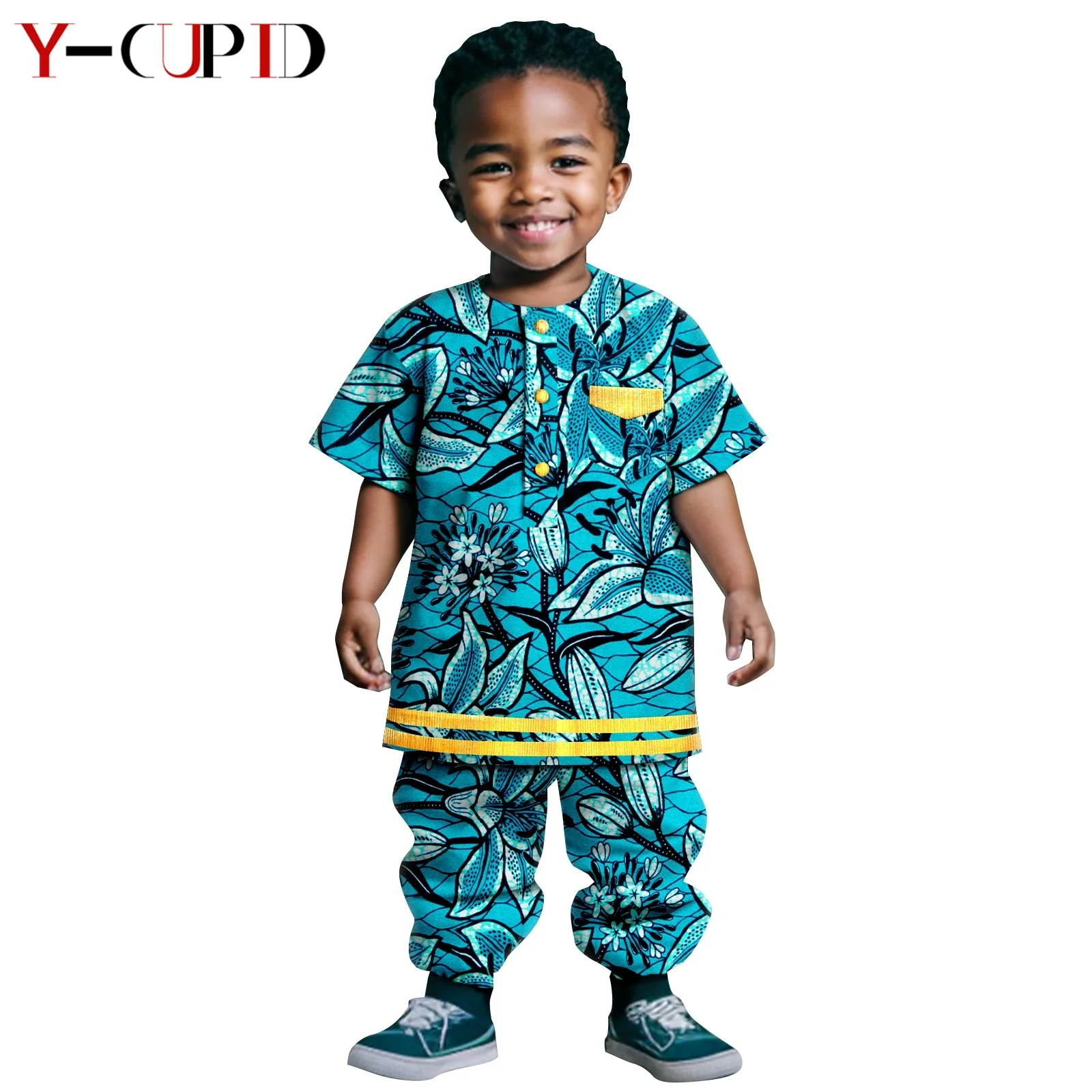 

Африканская одежда для мальчиков, детская одежда, летний хлопковый топ с принтом Дашики, комплекты рубашек и брюк, детская верхняя одежда Bazin Riche Y 234032