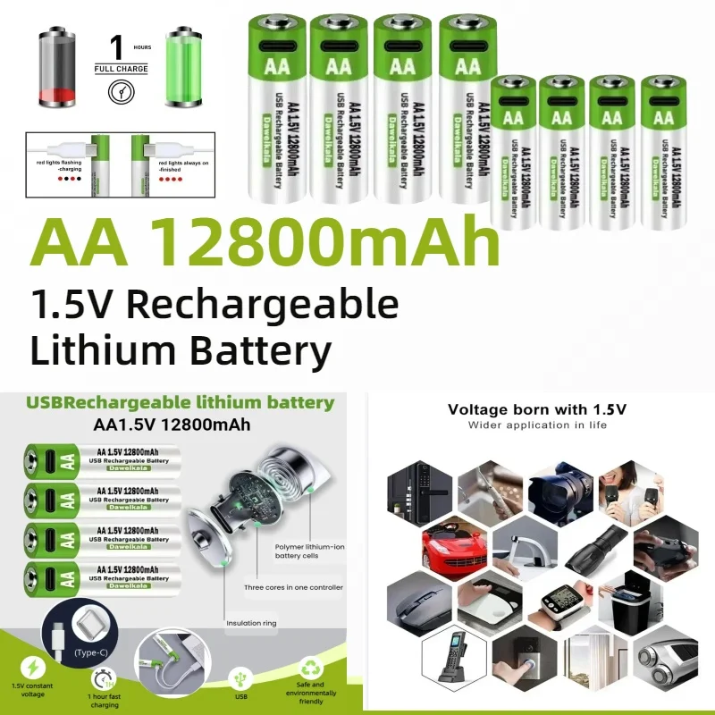 

AA 12800mAh 1.5V Rechargeable Lithium Battery Fast Charging USB-C for LED Flashlight Camera Keyboard Mouse Toys High Capacity