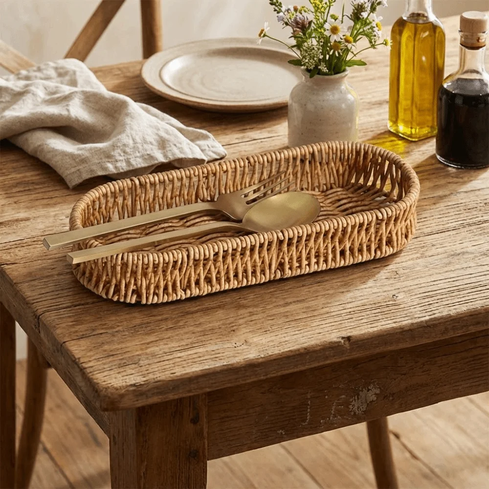 

Oval Shape Tableware Storage Basket Retro Plastic Dinnerware Storage Tube Decorative Minimalist Desk Shelf Baskets