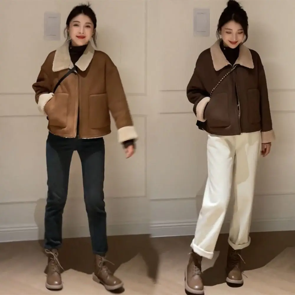 Casual Turn-down Collar Thicker Jackets Vintage Keep Warm Short Coat Fashion Lamb Fur Jacket Motorcycle Style