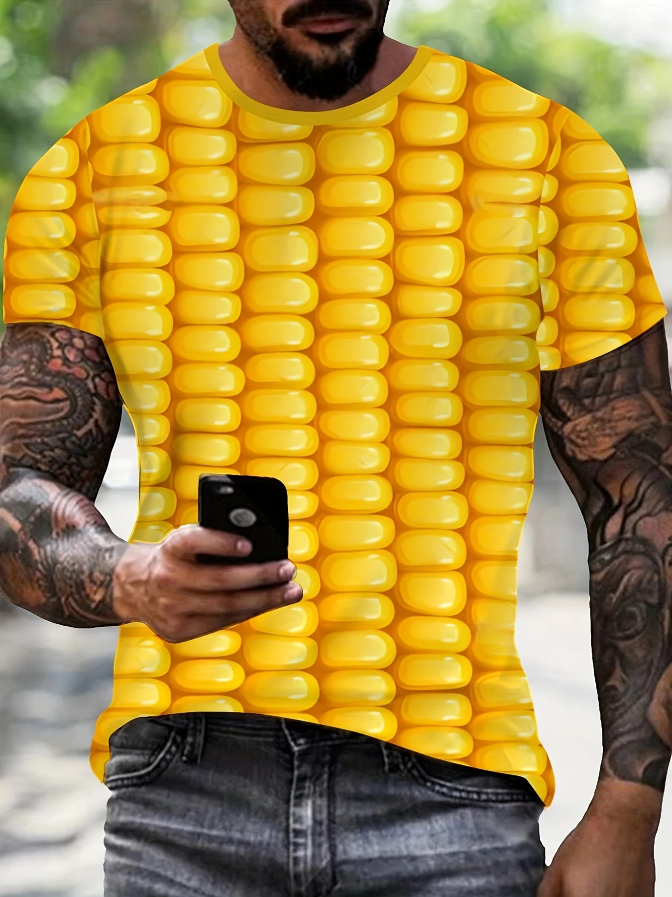 Herren 3D Mais-Print T-Shirt Lässiger O-Ausschnitt Kurzarm Lustiges Lebensmittel-Grafik-Tee Sommer-Oberteil – Detail 8