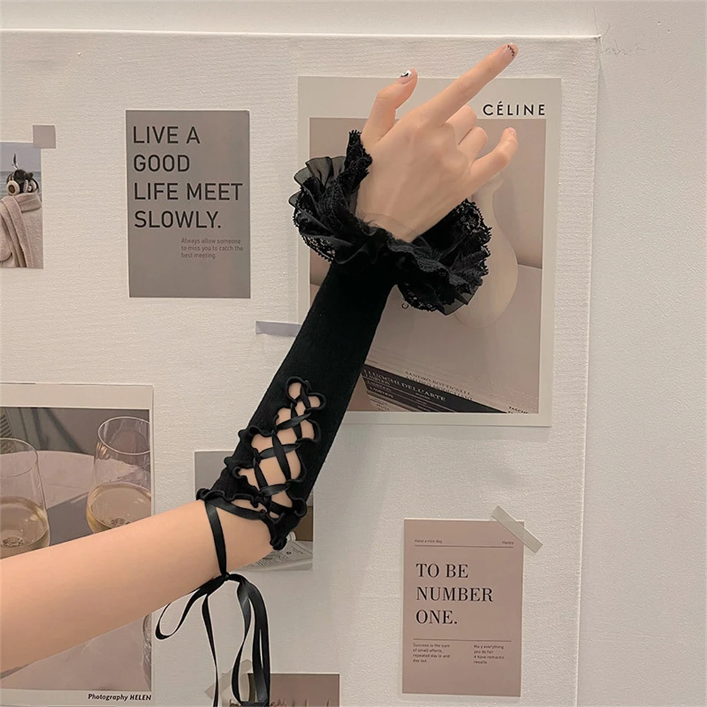 Japanese Ballet Strap Lace Arm Sleeve Women's Sexy Lolita Gloves Y2K Thin Summer Sunscreen Gloves Elegant Punk Mittens Cosplay