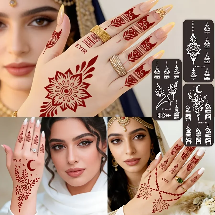 EYIR 3 Color Temporary Tattoo Paste Kit with 5PCS Henna Hand Stencils Waterproof Body Art Ink for DIY Festival Party
