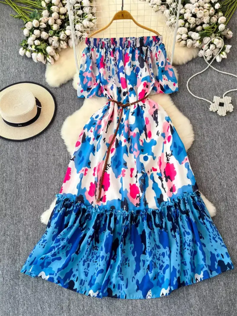 

Gentle Style Slash Neck Off The Shoulder Floral Chiffon Dress 2024 Summer Women A-Line Ruffled Beach Vacation Long Dress K1871