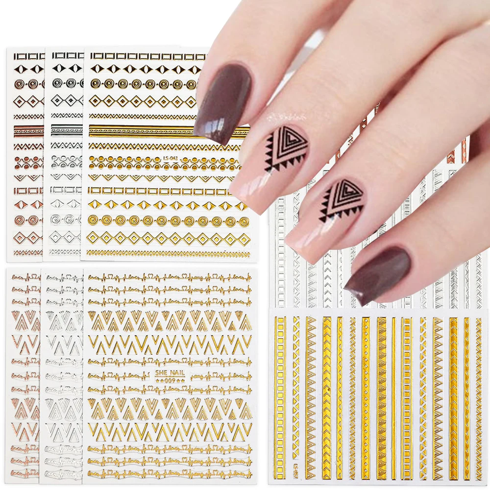 Gold/Silver 3D Ripple Nail Sticker 8*10cm Metal Self-Adhesive Slider Parts 1Pc Holographic Laser Geometric Line Decal Nail Decor