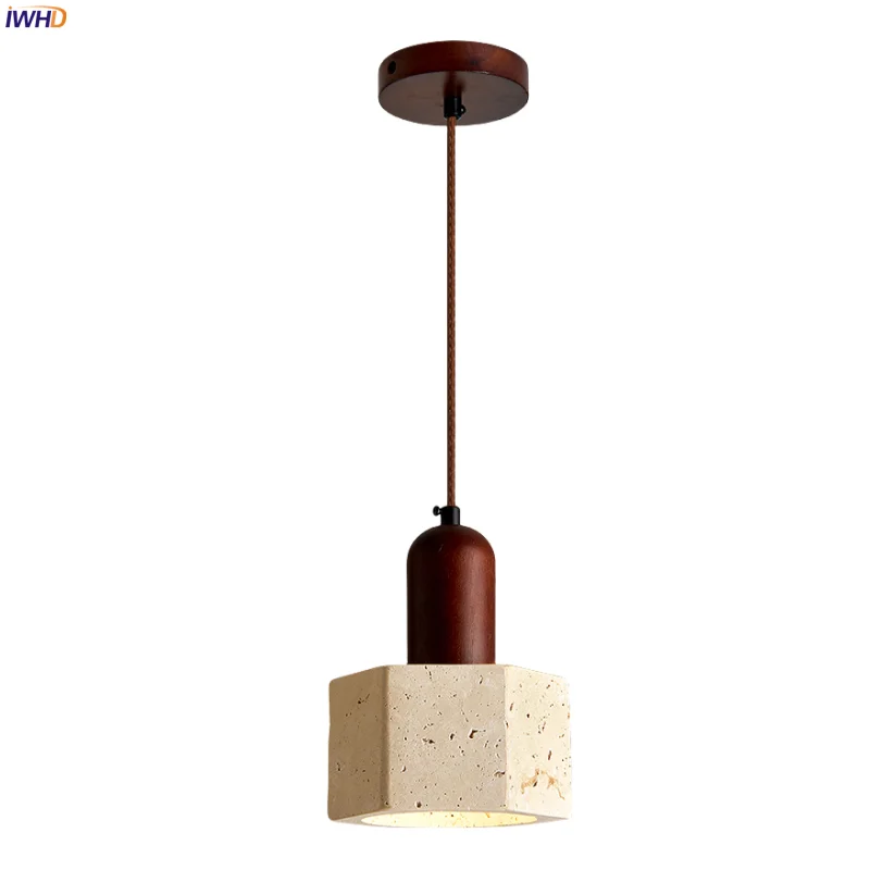 

IWHD Mid Century Modern LED Pendant Lights Decoration Home Bedroom Living Room Kitchen Yellow Travertine Hanging Lamp Luminaria