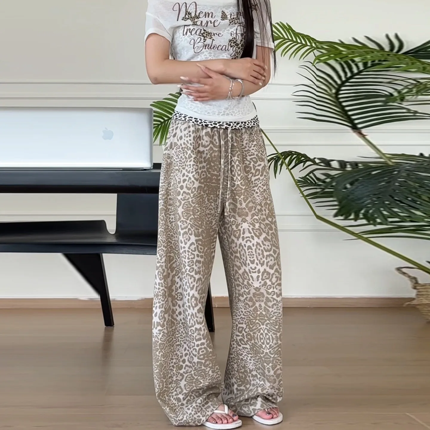 American Retro Distressed Leopard Print Wide-Leg Pants for Women Summer Loose Slimming Scimitar Casual All-Purpose Sweatpants
