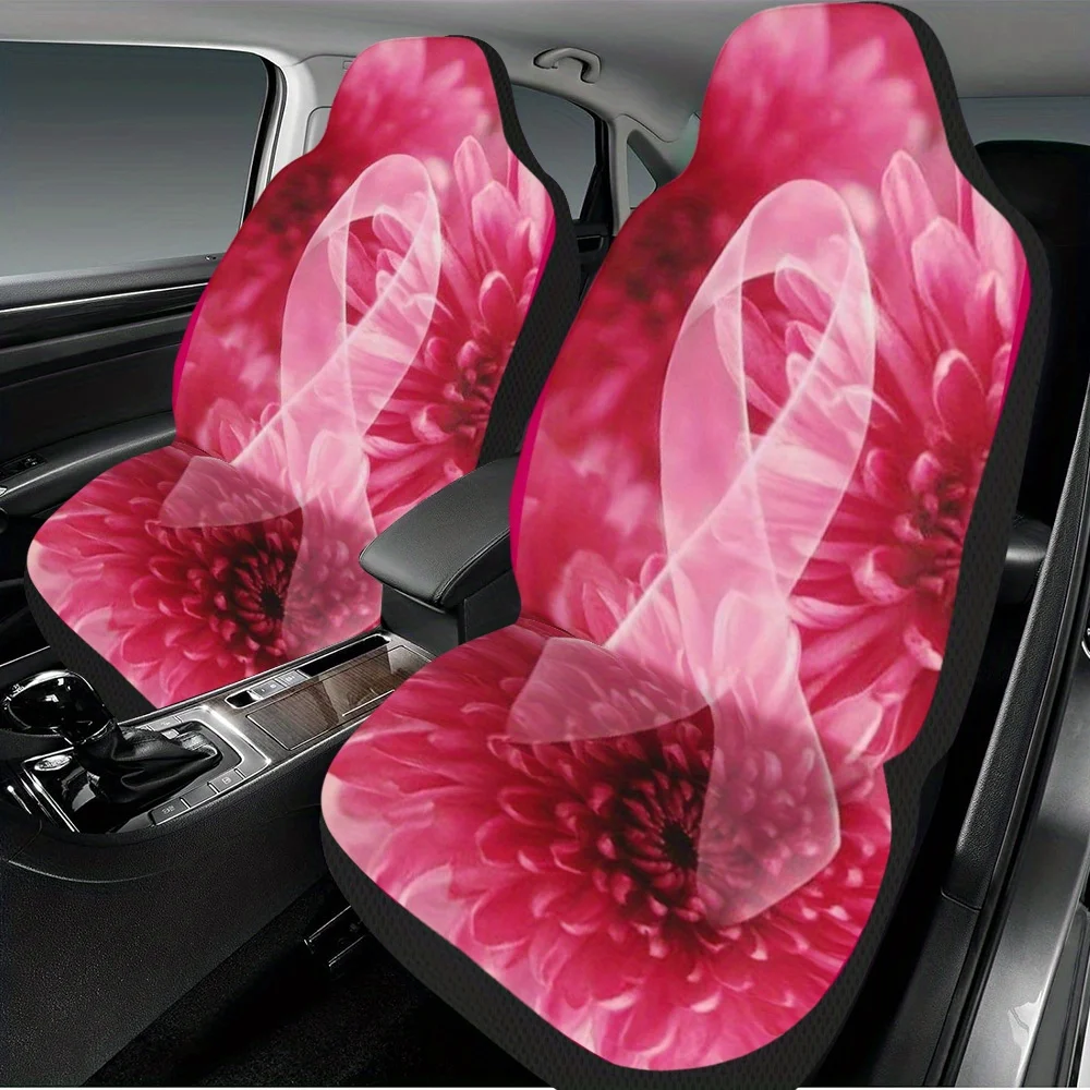 2pcs Breast Cancer Awareness Ribbon Print Car Seat Covers – Fit For Most Cars, Trucks, Vans, And SUVs | Durable Front Seat Prot
