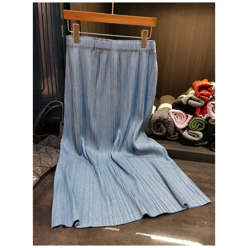 مياكي مطوي تنورة مجموعة خمر قميص دينيم فو بوستير أضعاف Jupe الطيات مجموعة 2026 ربيع جديد أعلى + ألف خط تنورة 2 قطعة الإناث