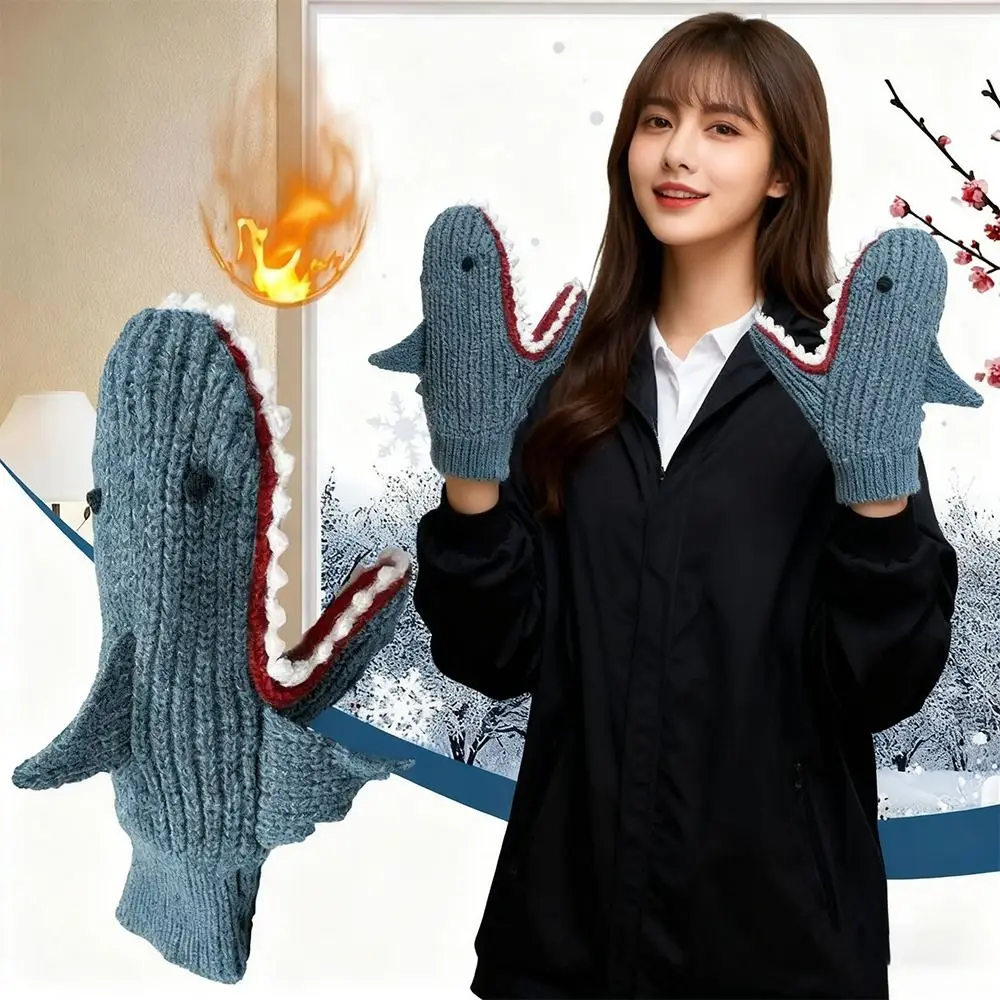 Divertidos guantes de punto de tiburón suave y grueso, guantes de manopla de dibujos animados de alta elasticidad, guantes cálidos resistentes al frío, Unisex
