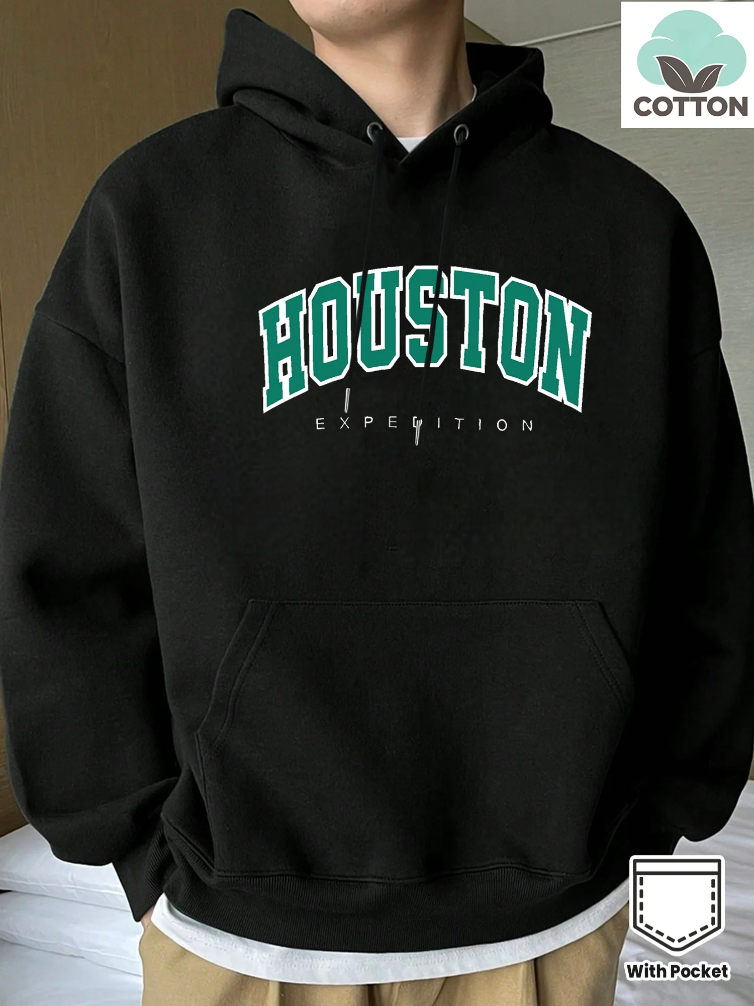 

Men's Houston Pattern Hooded Sweater - Black with Green Letters, Loose Version, Front Pocket De