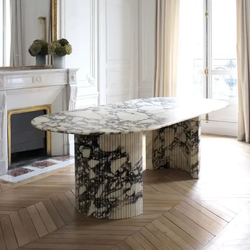 Design Customized Natural Stone Furniture High Quality Calacatta Viola Marble Dining Table With Fluted Base Top