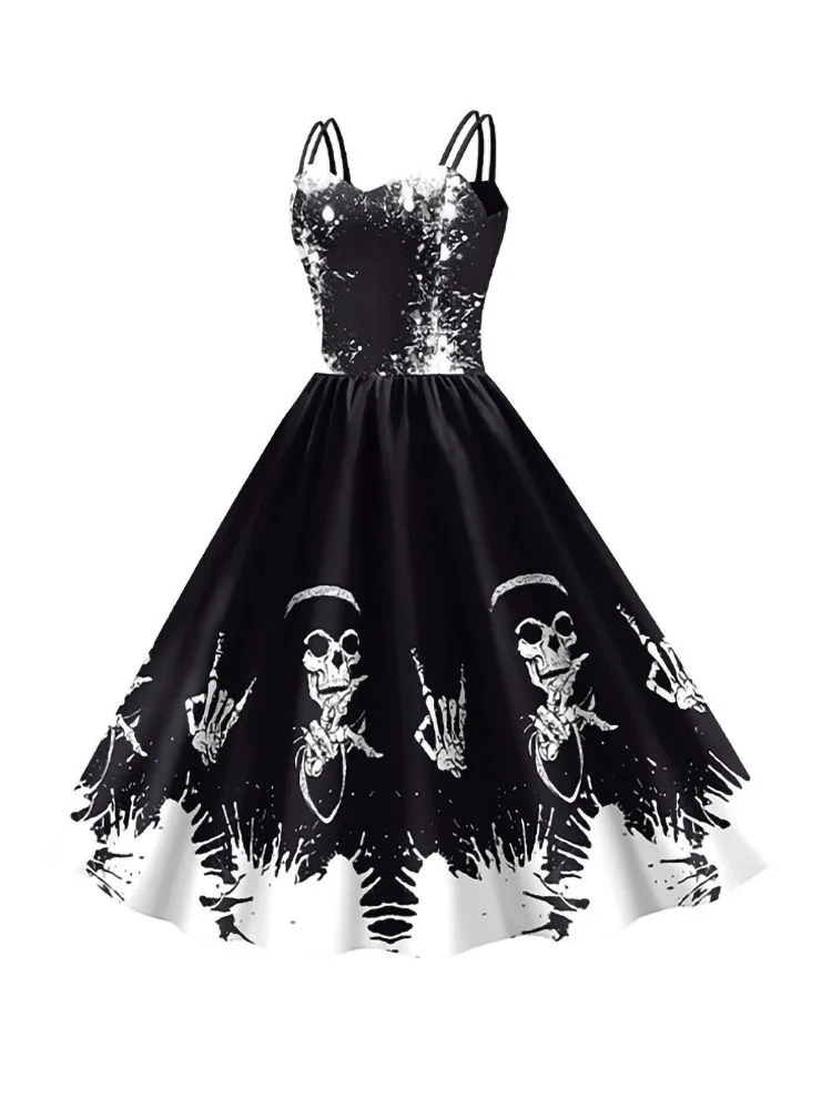 Vintage Gothic Doppelriemen-Swingkleid mit Skelett-Brustmuster, mehrfarbigem Blumen- und Totenkopf-Aufdruck, Damen-Halloween-Cosplay-Kostüm – Detail 12