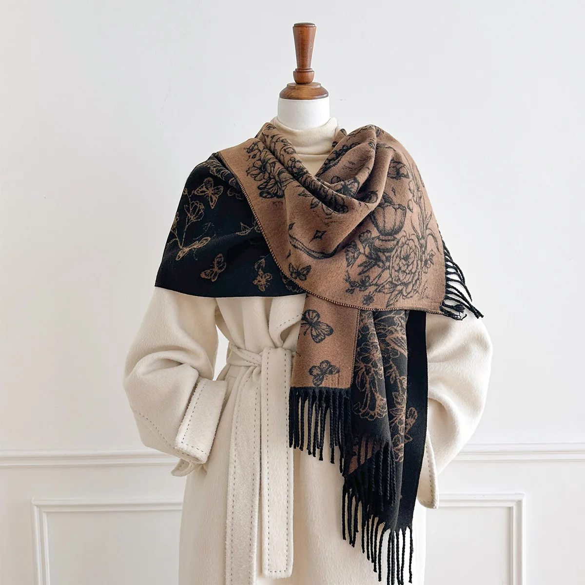 Womens Faux Cashmere Shawl Black Base Coffee Vintage Line Drawing Butterfly Floral Vine Print Long Fringe Large Wrap Scarf