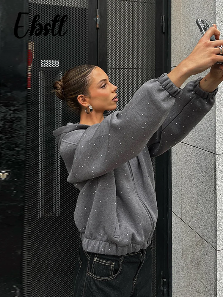 حجر الراين سستة هوديس التنانير مجموعة المرأة عادية مقنع جيوب كم كامل البلوز منتفخ تنورة قصيرة 2025 جديد Lasy الزي