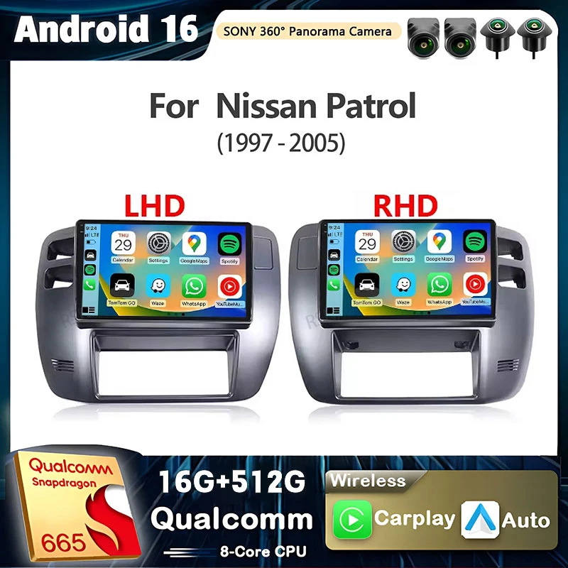 Android 16 Carplay Auto For Nissan Patrol 1997 - 2004 2005 Radio Player Multimedia stereo Navigation Video GPS Head Unit  DSP