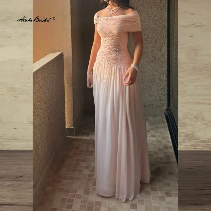 

Роскошное вечернее платье в Дубае 2025, плиссированное шифоновое платье для выпускного вечера с бисером, с открытыми плечами и молнией сзади, вечернее платье