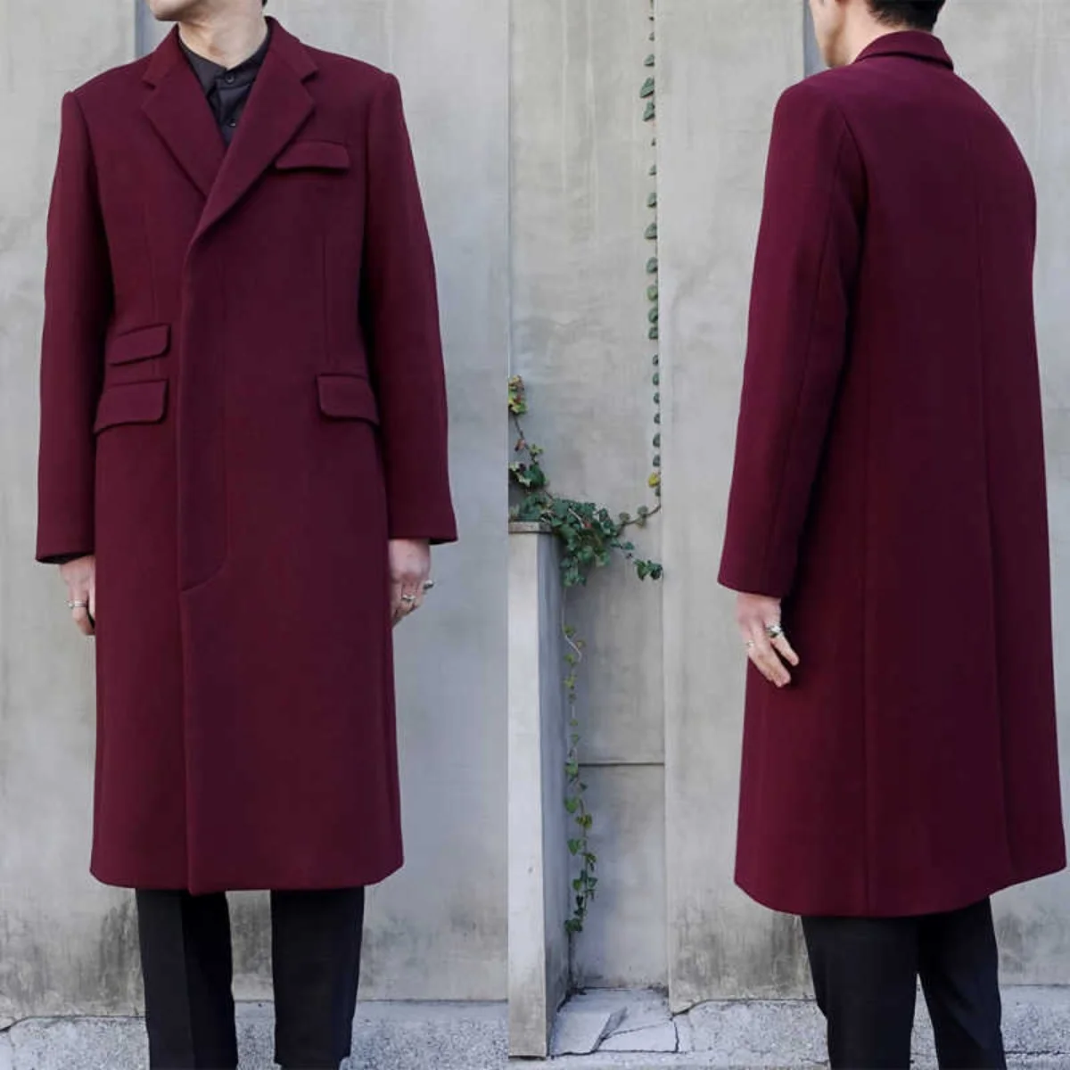 

Vintage Men's Long Overcoat Wool Blend Notched Lapel Hidden Button Winter Warm Business Coat Customized Plus Size