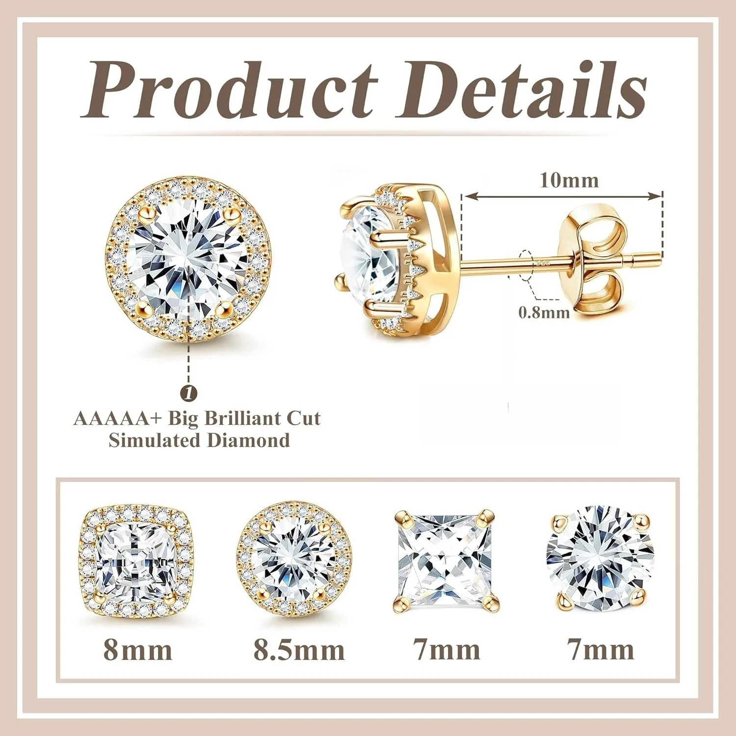 Drperfect Silver Needle Cubic Zirconia Stud Earrings for Women Men 14K Gold Plated Hypoallergenic Dainty Stud Earrings Jewelry
