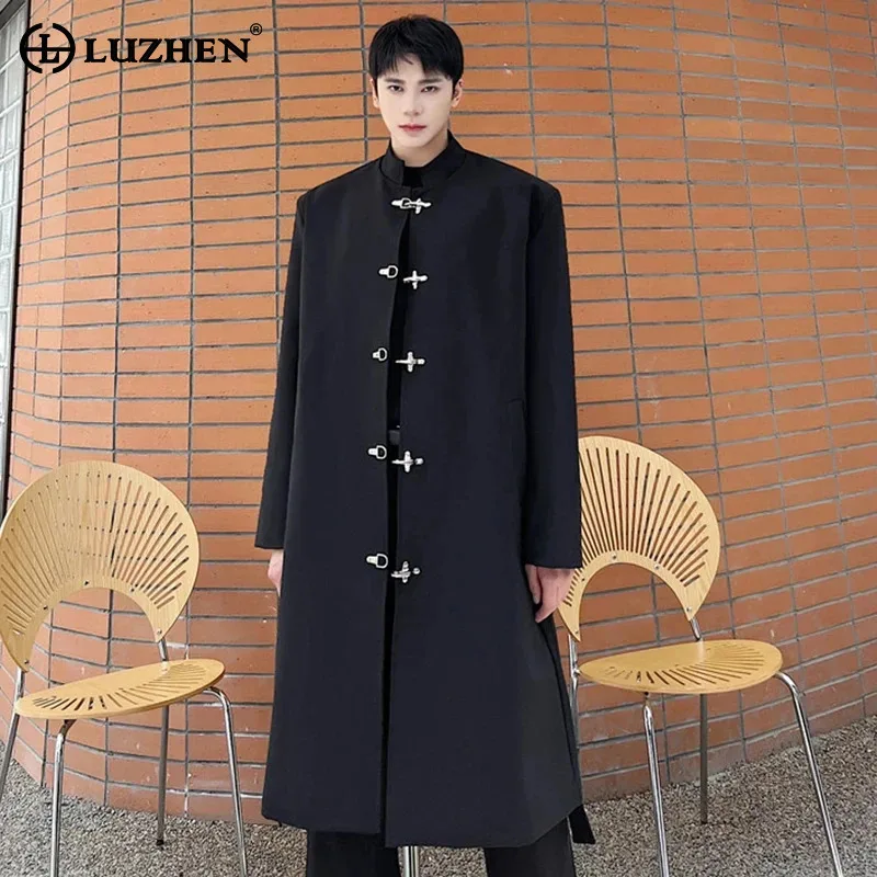 LUZHEN Elegant Knee-length Long Windbreaker Coat Trendy Men's Stand Collar Stylish Metal Buckle Trench Street Outerwear LZ5228