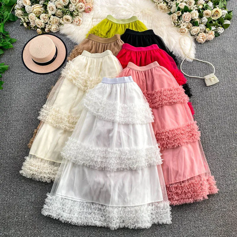 

Flowy Gauze Tierred Skirt Spring 2026 Stretchy High Waist Solid Chic Oversize Female Fairycore Vacation Long Skirt