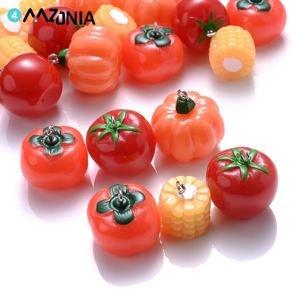 5pcs Pumpkin Corn Tomatoes Charms Pendants for Jewelry Making Fruit Resin Charms Jewlery Findings Accessories DIY Crafts