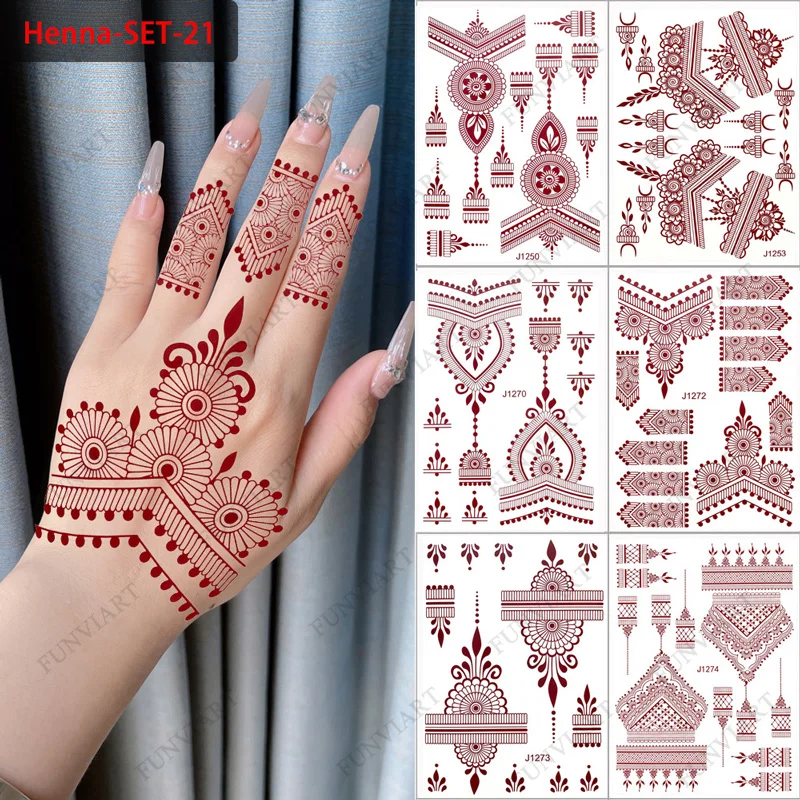 

6Pcs/Lot Henna Instant Stickers for Hand Temporary Tattoos for Women Brown Henna Tattoo Body Art Maroon Tattoo Hena