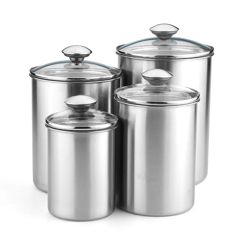 Stainless Steel Single-layer Grains Storage Canister with Glass Lid Dry Fruit Tea Confectionery Kitchen Storage Container