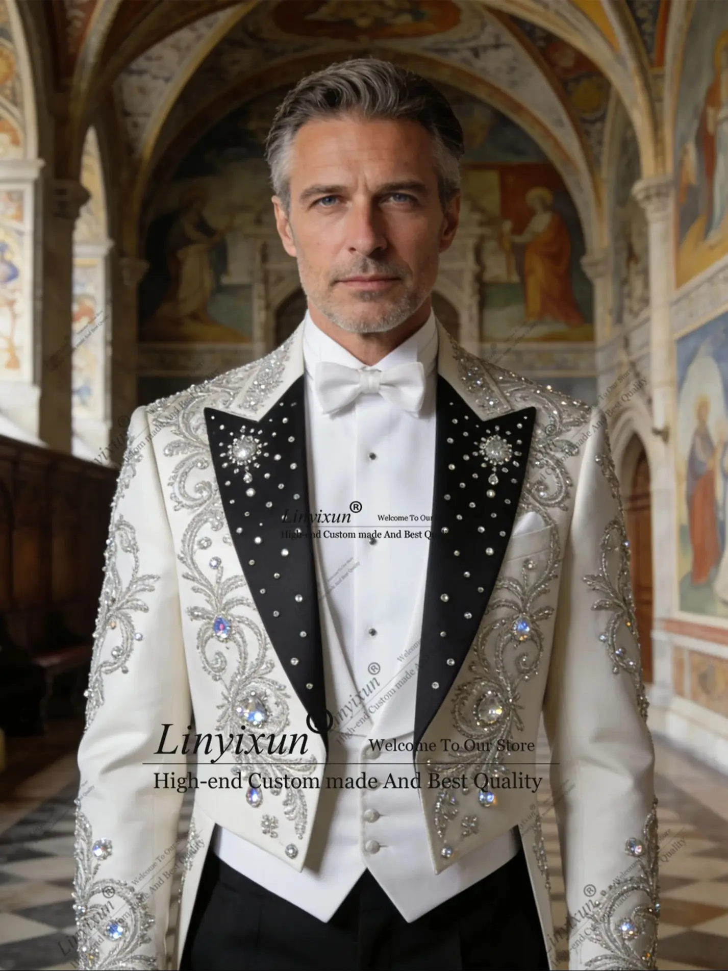 

Latest Design Rhinestone Beaded Men Suits Customized Ropa Hombre Peaked Lapel Groom Tuxedos 3 Pieces Sets Male Party Prom Blazer