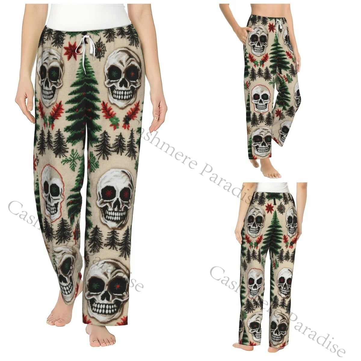 

Skull Pine Tree Generative Flannel Pajama Pants for Women Soft Warm Sleep Pants with Elastic Waistband