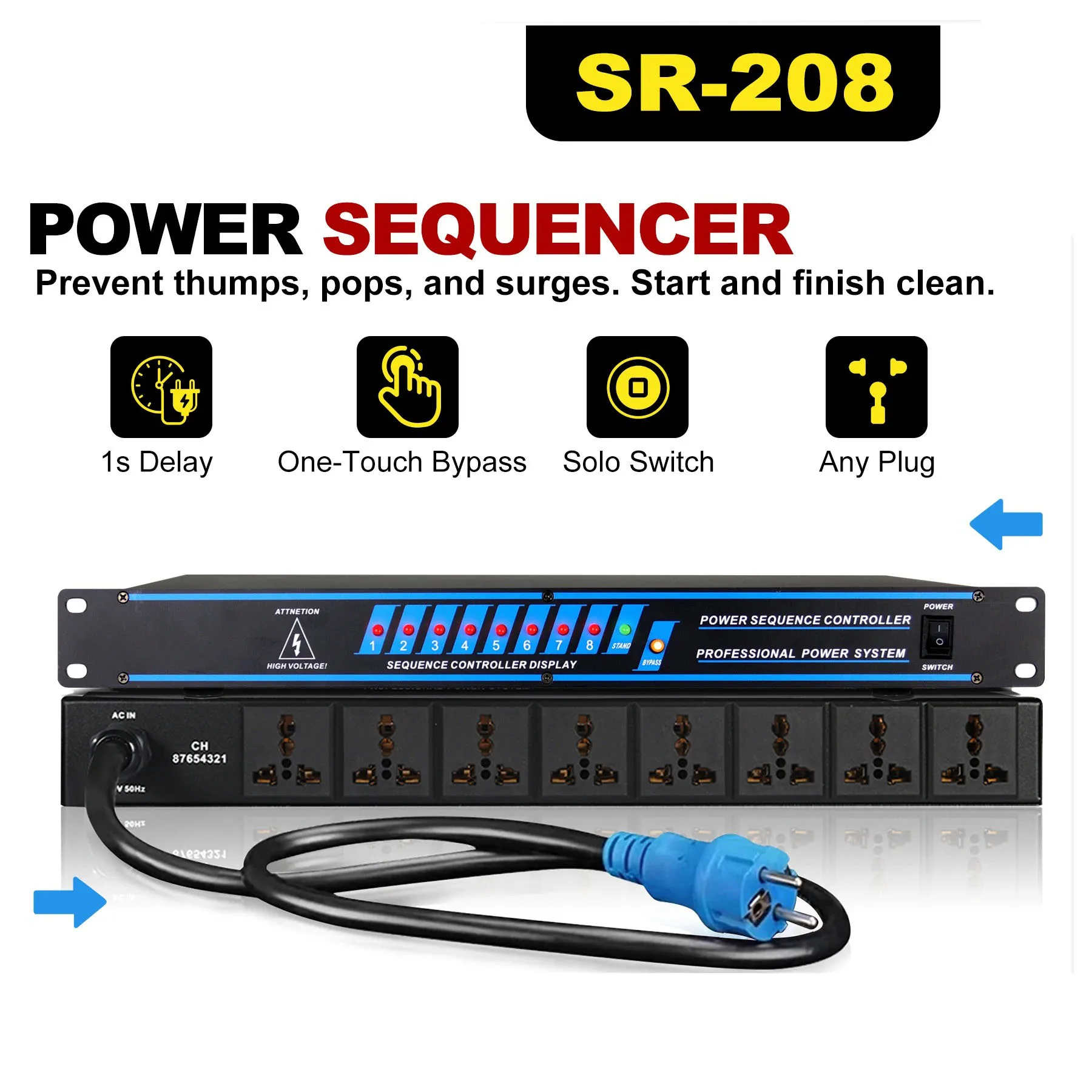 8CH Power Sequencer  Professional Audio Stage Power Controller with Sequential Delay Switch & 6-Level Overload Protection
