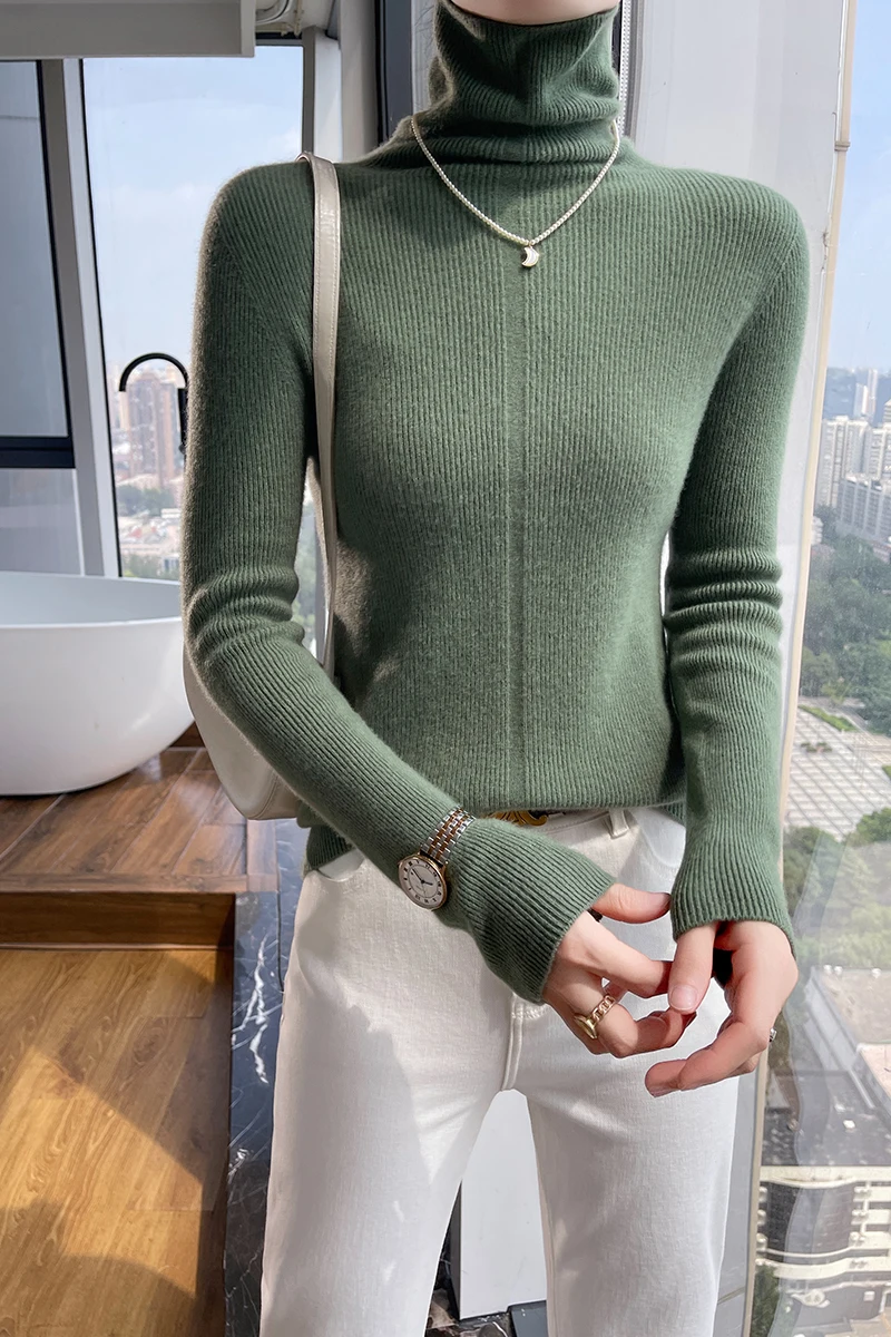 Fall/Winter new 100% Merino wool cashmere sweater Women's turtleneck pullover warm bottom knit shirt top