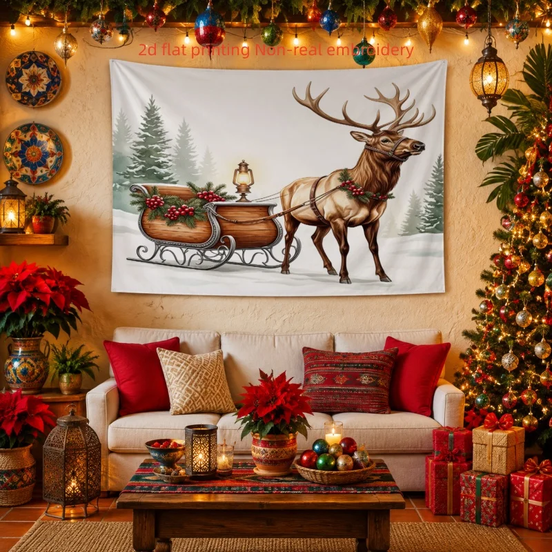 2D Flat,1pc Printed Tapestry, Christmas Elk Pulling Sleigh Pattern, Holiday Wall Decor, for Living Room,Bedroom,Dorm