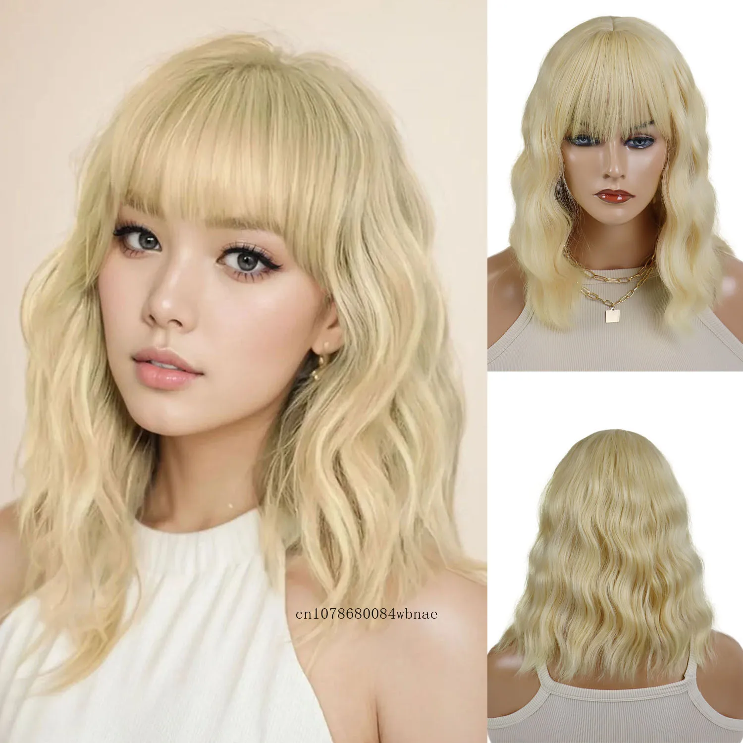 

Blonde Yellow Short Wavy Synthetic Wig with Bangs Girls Lolita Cosplay Wigs for Women Daily Party Heat Resistant Drag Queen Wigs