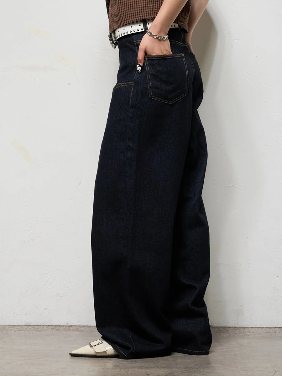 REDDACHiC Jeans de barril azul marino para mujer Unisex calle Retro suelto sólido Casual pierna ancha pantalones vaqueros de cintura baja uso diario