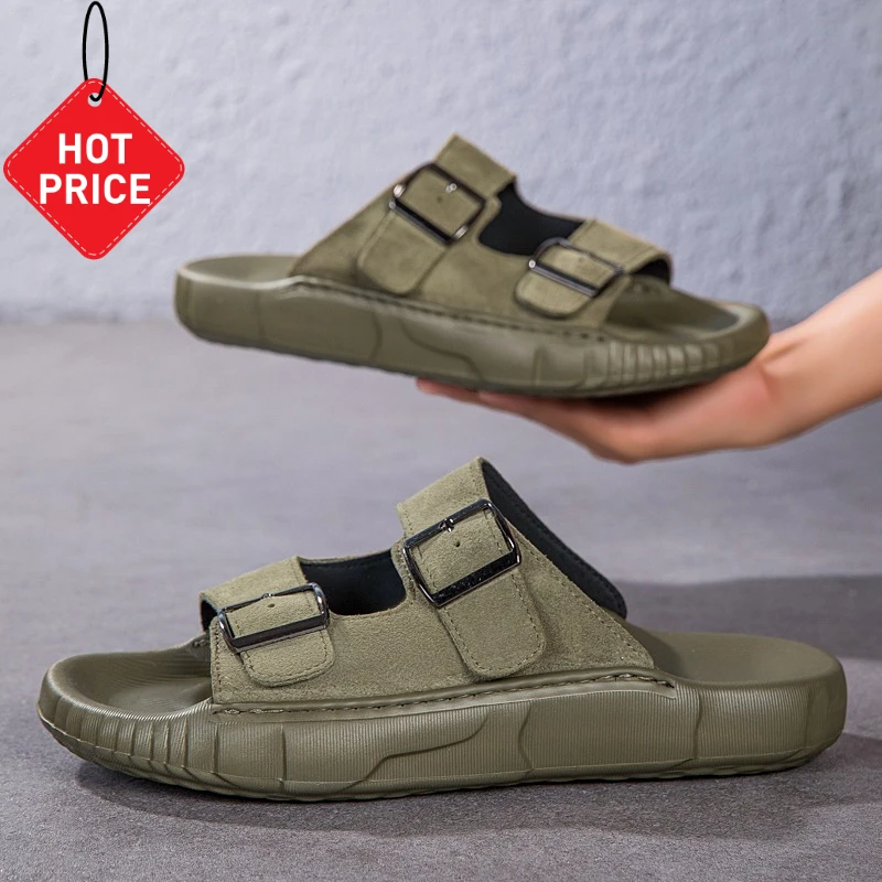 

Fashionable Men's Top Layer Cowhide Casual Slippers Summer Outdoor Non Slip Men's Sandals Thick Bottom Beach Slippers