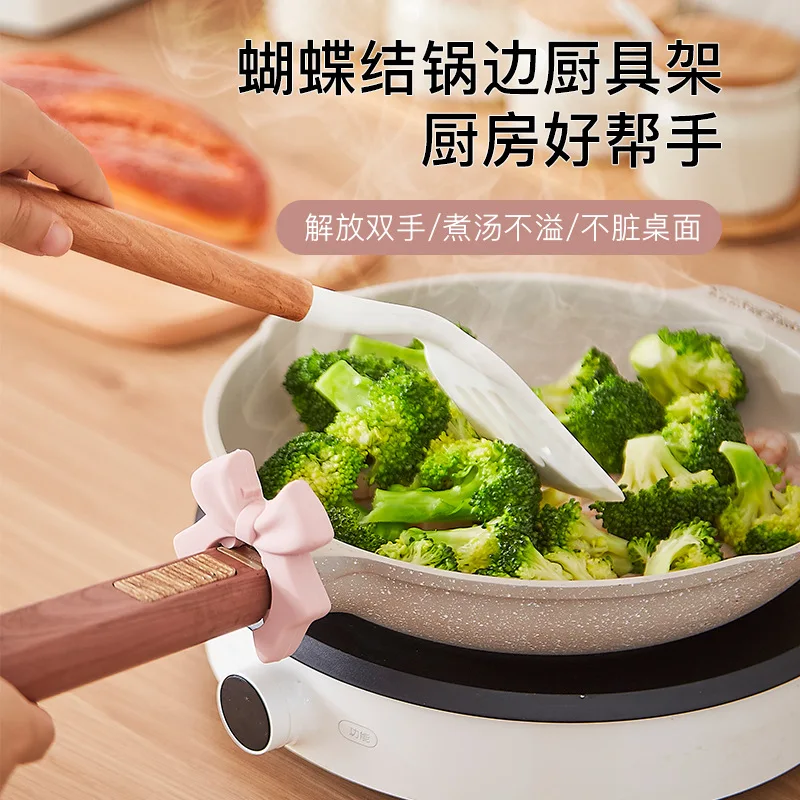 Bow Silicone Spatula Rack Multi-function Pot Clip Bowknot Anti Scalding Overflow Spatula Holder Spoon Rests Kitchen Gadgets
