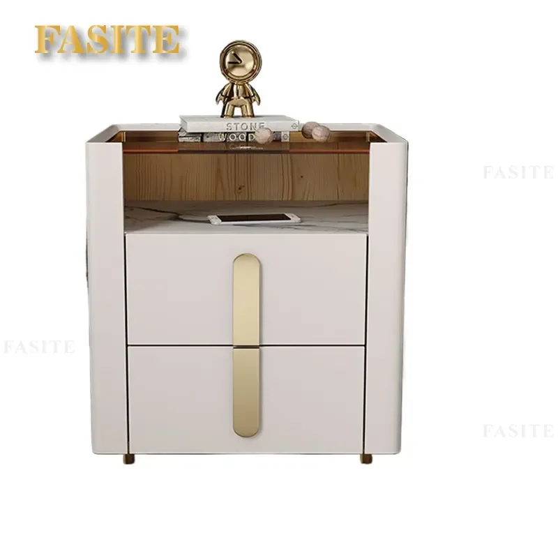 For Bedroom Light Luxury Bedside Table Solid Wood Nordic Glass Rock Slab Double Countertop Fashion Edge Storage Cabinet