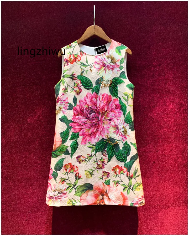 

lingzhiwu Print Dress Jacquard A-Line Dresses Elegant Handmade Beading Luxury Floral Vestidos Top Quality 2024 Summer New Arrive