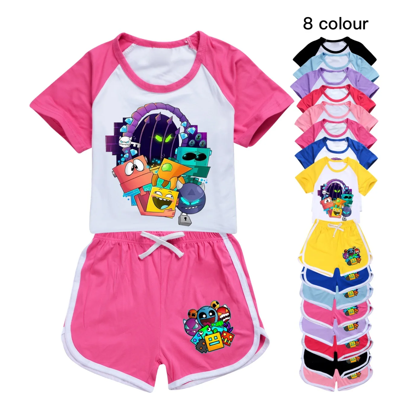 Geometry Dash T Shirt Kids Cube Game T-shirt Teenager Boys Summer Short Sleeve Tops+shorts 2pcs sets Baby Girls Cotton Tshirt