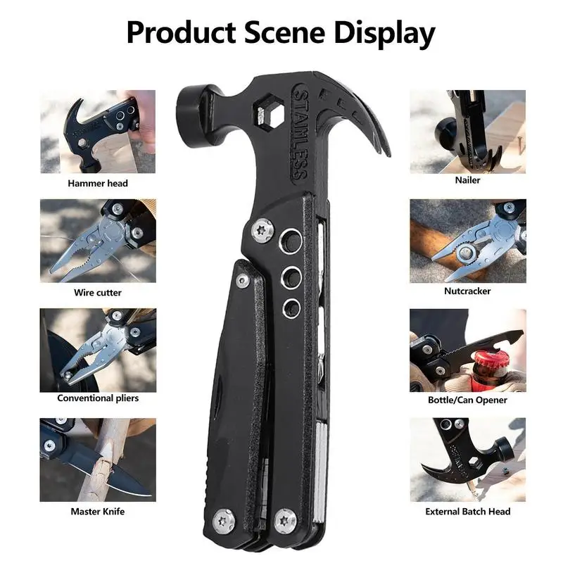 12 In 1 Rugged Pocket Multitool Hammer Wrench Hammer Combination Universal Folding Pliers Steel Claw Hammer For Camping Hiking