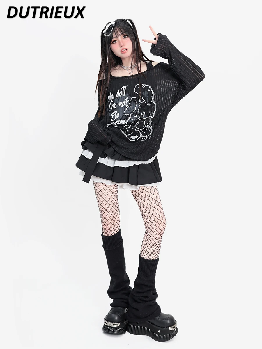 Spring and Autumn New Black Sweet Loose Long Sleeve T-shirt Ripped Cartoon Printed All-Matching Off-Shoulder Tops T Shirt