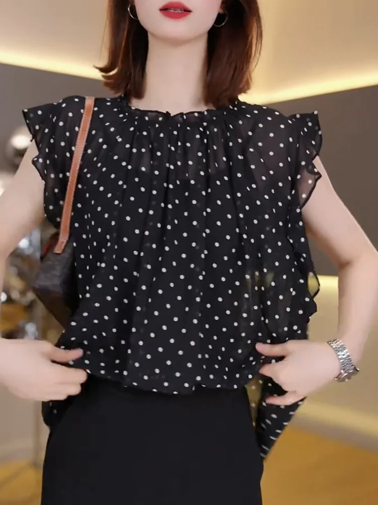

Элегантная блузка в горошек с кружевной отделкой, больших размеров, модный топ для похудения, женская летняя новинка, повседневная корейская свободная модель
