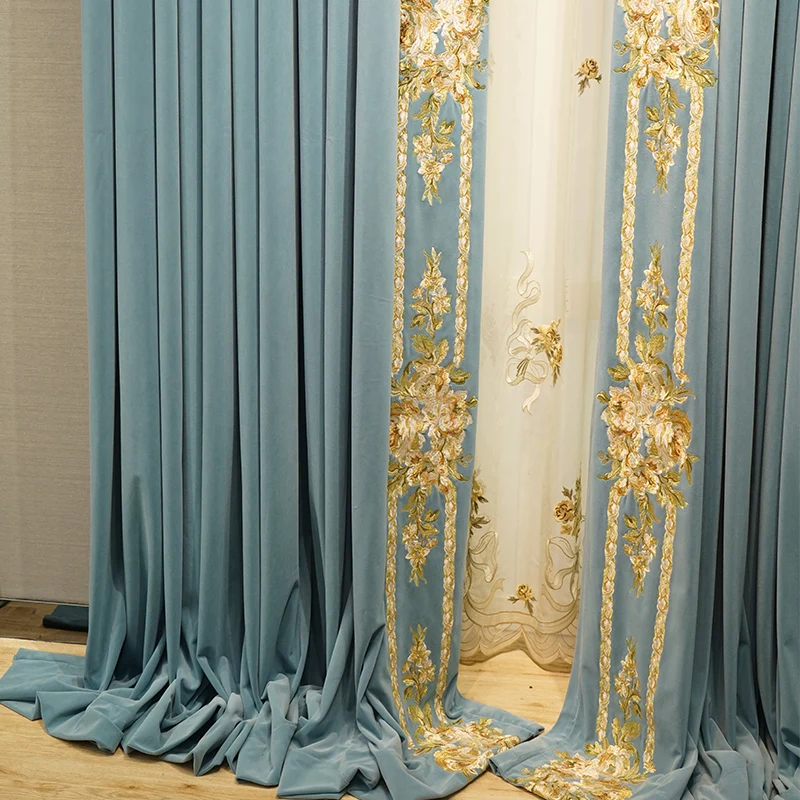 American Light Luxury Blue Embroidered Velvet Curtains for Living Room Bedroom Villa Customized Window Screen Products