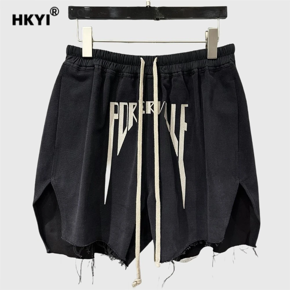 HKYI Men's and Women's Fashion Show Embroidered Letter Drawstring Diagonal Brushed Edge Pants with Split Legs Loose Shorts
