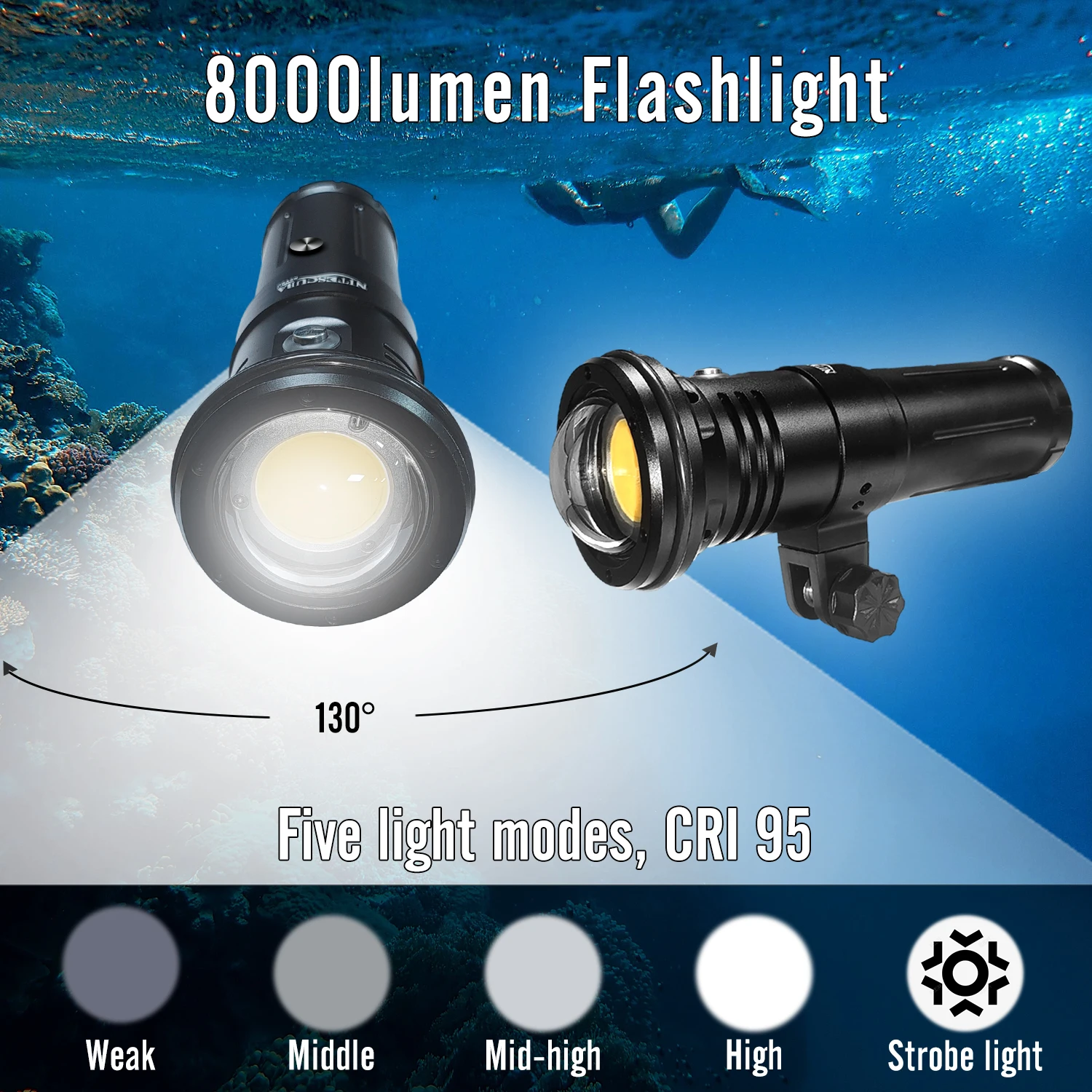 Nitescuba NSV80 Solar Flare 8000 lumens COB Led Diving Glare Video Light Wide Angle Lighting High CRI=95 Underwater Phorography