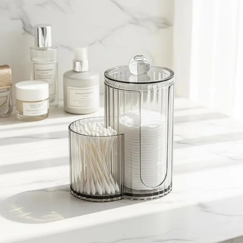 Ribbed Clear Acrylic Qtip Holder Multi-purpose Dustproof Lid Storage Organizer for Cotton Pads Swabs Bathroom Vanity Countertop