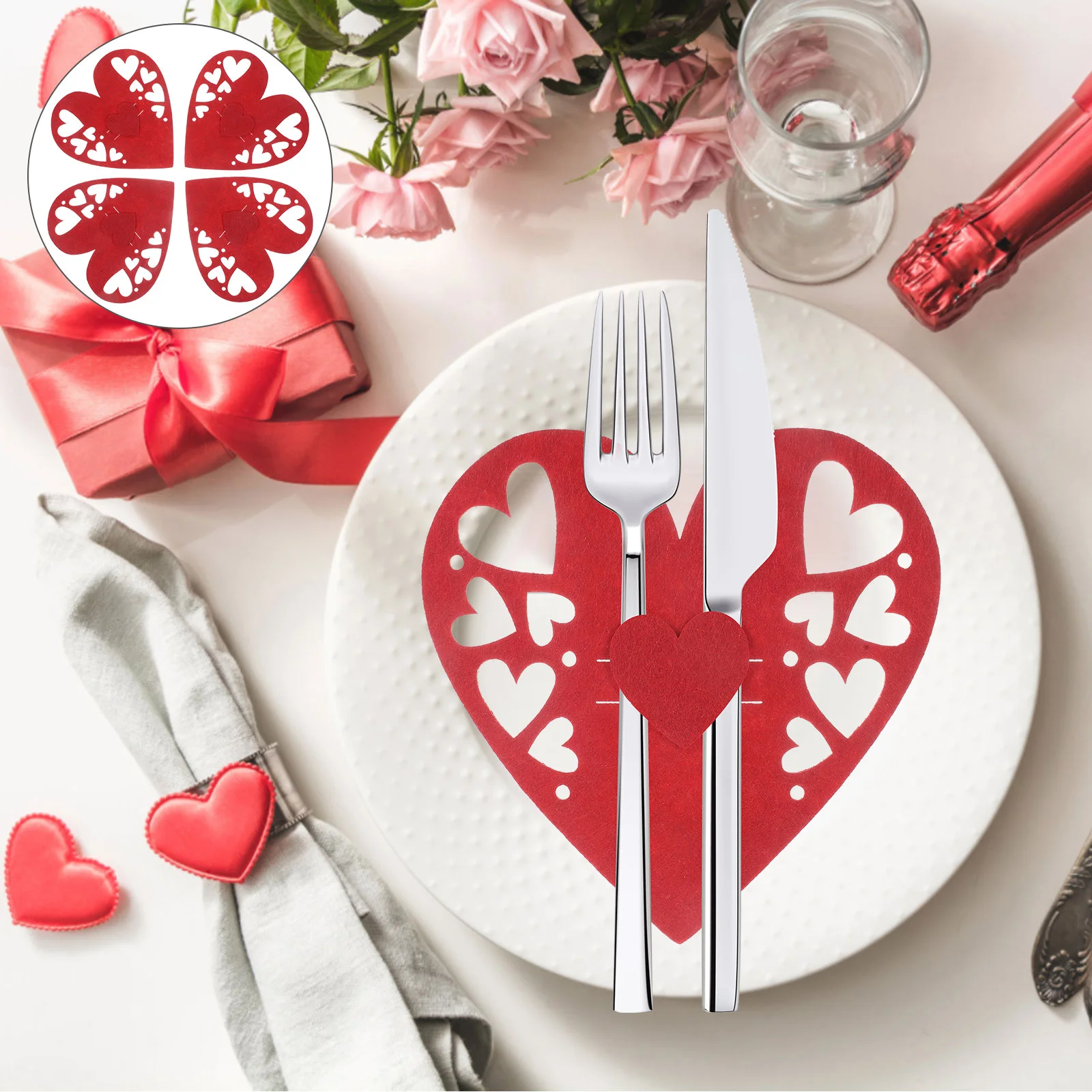 

4 Pcs Dining Table Valentine's Day Tableware Set Banquet Serving Utensils Holder Cloth Card Making Supplies Fork Bag