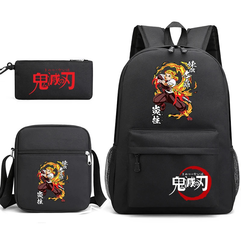 デーモンスレイヤー-アニメプリント-スクールバックパックセット-3個入り-ショルダーバッグ-ペンシルケース付き-男の子-女の子用